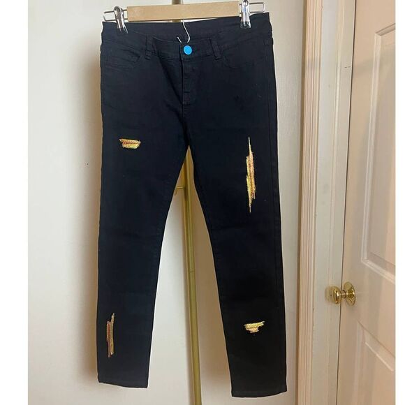 PERI.A Black Gold Digger Embroidered Stretch Denim Jeans Women Sz. 25 - Picture 2 of 8